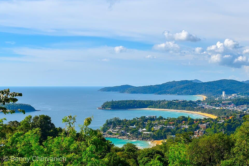 The green Phuket coastline and sandy bays seen from Karon Viewpoint