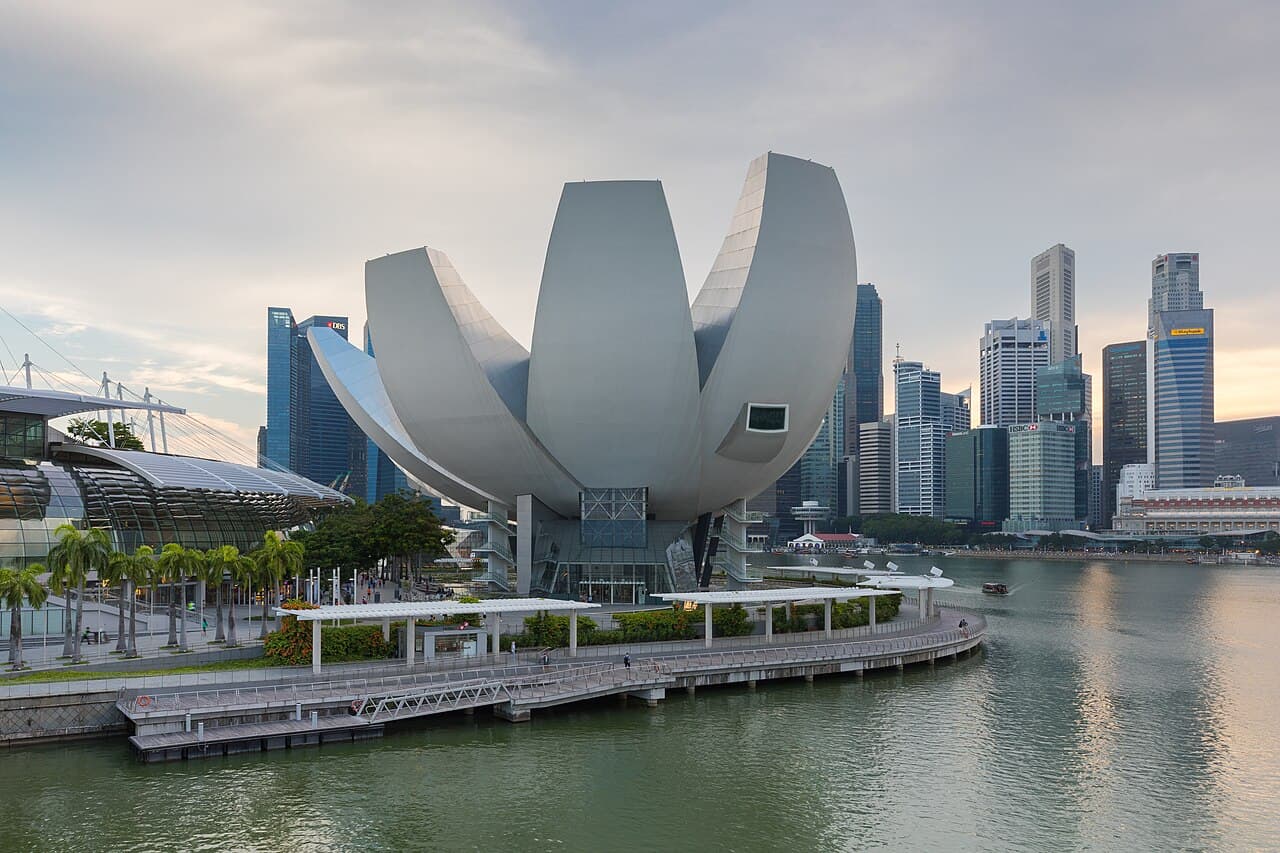 ArtScience Museum and the city skyline beside Marina Bay in Singapore