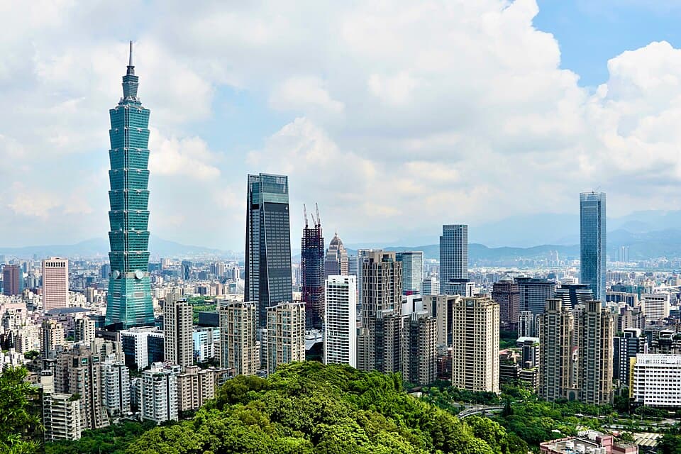 Taipei 101 and the city skyline viewed from Elephant Mountain in daylight