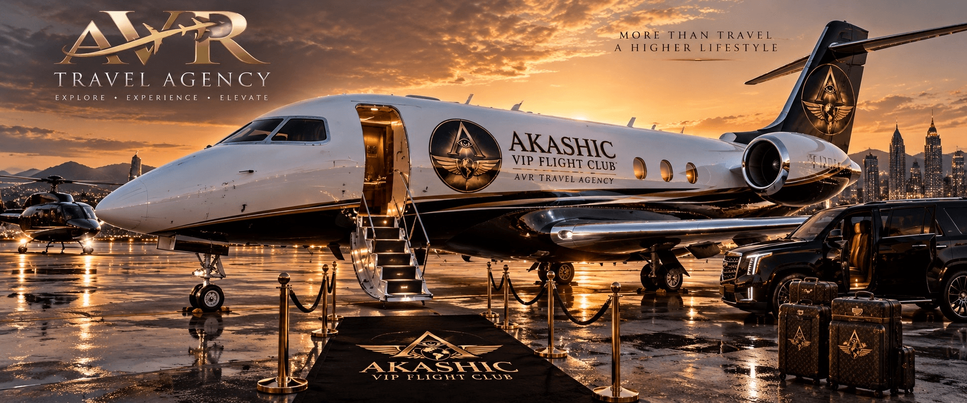 Akashic VIP Flight Club branded aircraft and luxury arrival artwork at sunset